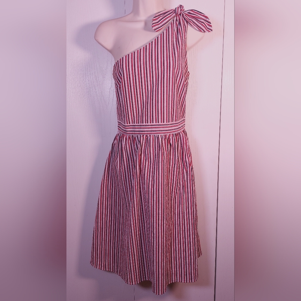 Loft Americana Stripe Seersucker Dress Size 8 One Shoulder Nautical Coastal Chic